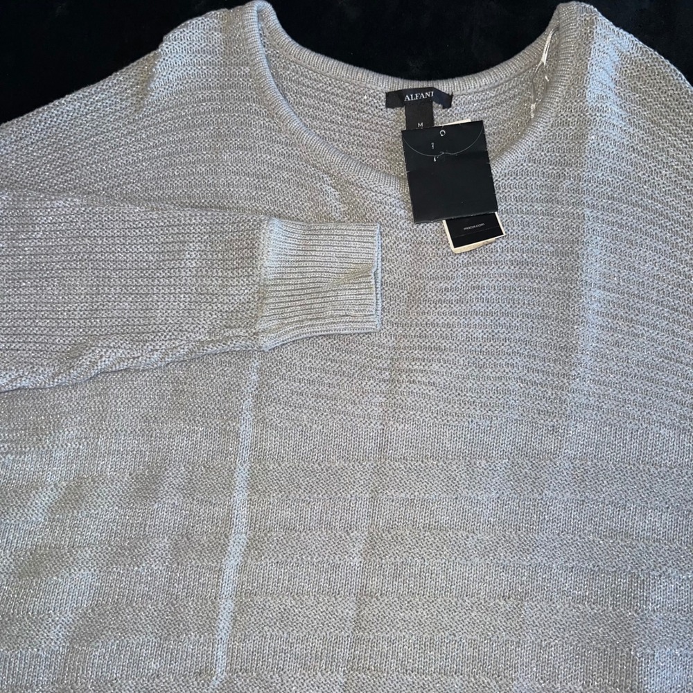 Silver Metallic Knit Sweater Women M Lightweight Crewneck 3/4 Sleeve Festive New